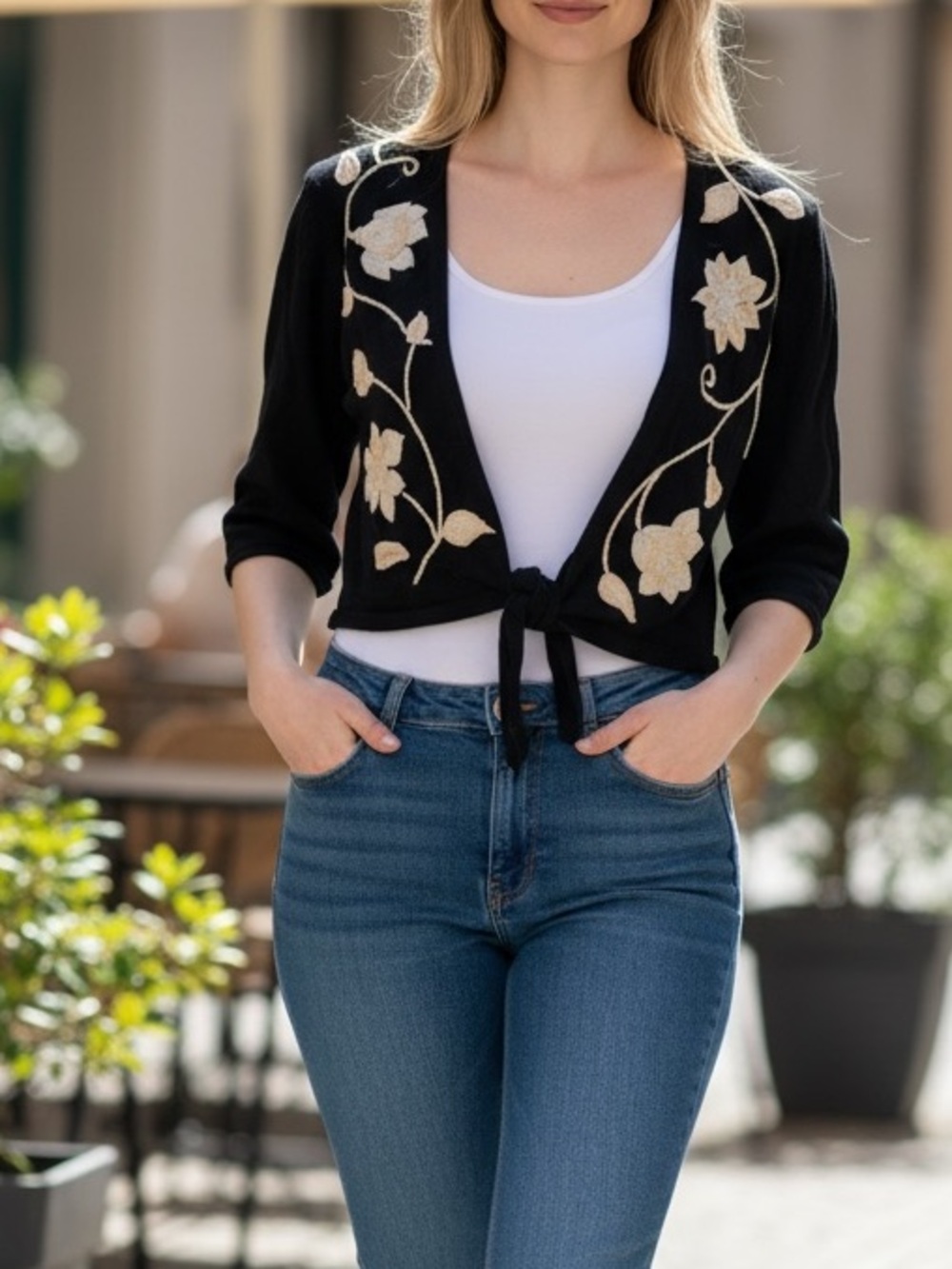 White House Black Market Tie-Front Embroidered Shrug